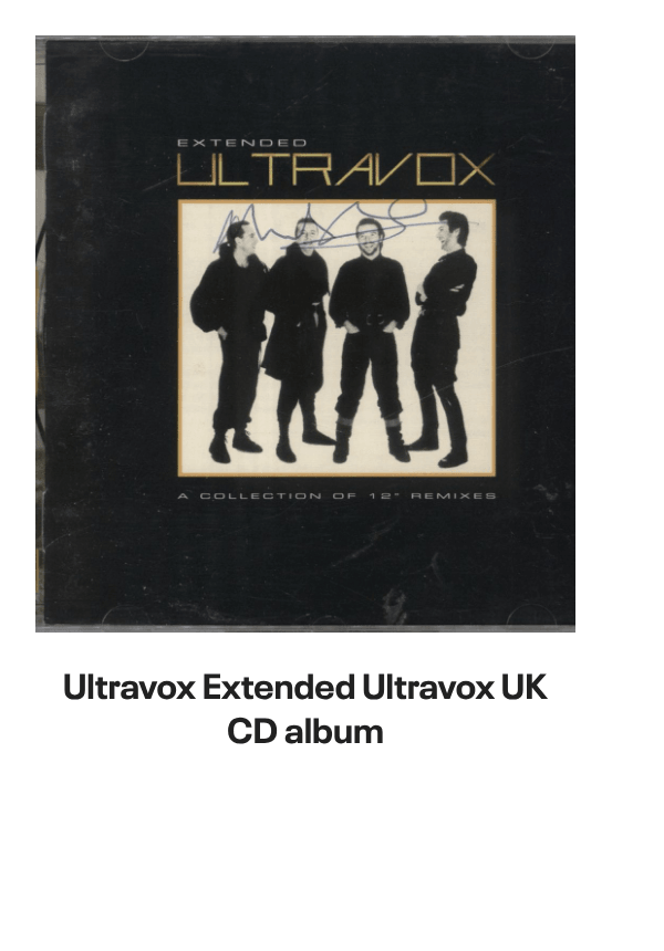 List of products:  Ultravox Monument - Hype Sticker + Shrink UK Vinyl LP Ultravox Quartet UK 2-CD album set Ultravox Lament UK 2-CD album set Ultravox Quartet - 180gm White Vinyl + Bonus 7 - Opened stickered shrink UK Vinyl LP Ultravox Extended UK Vinyl box set Ultravox Live At The Rainbow 1977 - RSD 2022 UK Vinyl LP Ultravox Lament - Steven Wilson Stereo Mix + Instrumental Version - Clear Vinyl - Sealed UK 2-LP vinyl set Ultravox Lament - Deluxe Edition 40th Anniversary 5-LP Clear Vinyl Box Set - Sealed UK Vinyl box set Ultravox Quartet - 40th Anniversary Deluxe Edition + Single Edits  B-Sides - Sealed UK 2-LP vinyl set Ultravox Extended Ultravox UK CD album Ultravox Rockwrok - P/S UK 7 vinyl Ultravox Dancing With Tears In My Eyes UK 12 vinyl Ultravox Lament - silver hype sticker UK Vinyl LP Ultravox All Fall Down UK 7 vinyl Ultravox Set Movements 1984 - Autographed UK Tour programme Ultravox Hymn + picture sleeve UK 12 vinyl Ultravox Quartet UK Vinyl LP Ultravox All Fall Down + Stickered PVC Sleeve UK 12 vinyl Ultravox All Fall Down - Blue Injection + PVC Sleeve UK 7 vinyl Ultravox Passing Strangers UK 7 vinyl Visage Pleasure Boys UK 12 vinyl Visage Pleasure Boys UK 7 picture disc Visage Pleasure Boys - EX UK 12 vinyl Visage Pleasure Boys UK 7 vinyl Visage Night Train + Sleeve UK 7 vinyl Visage Beatboy UK 7 vinyl Visage Love Glove UK 7 vinyl Visage Love Glove UK 12 vinyl Visage The Damned Dont Cry - Glossy sleeve UK 7 vinyl Visage Beat Boy UK Vinyl LP